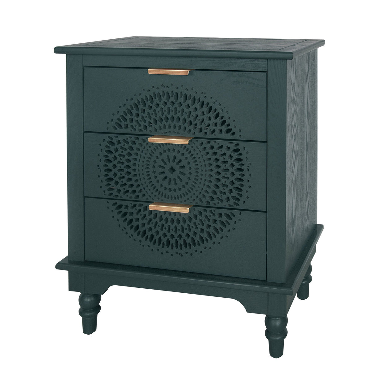 Blackish Green Hollow-Carved 3-Drawer Dresser with Metal Handles
