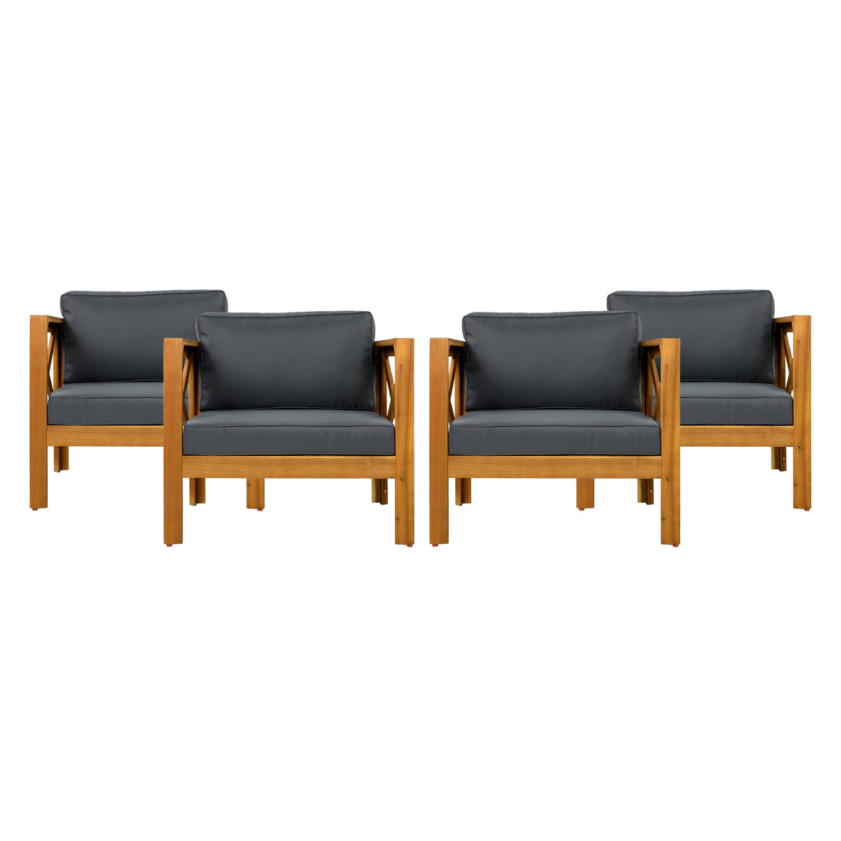 Outdoor Acacia Wood Club Wooden Armchair with Cushions (Set of 4)