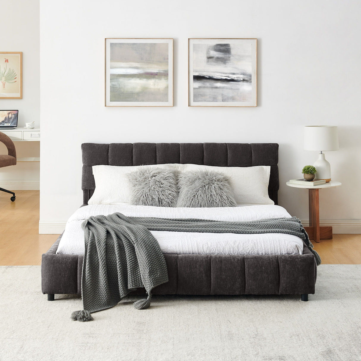 Modern Platform Bed Frame With Thick Fabric