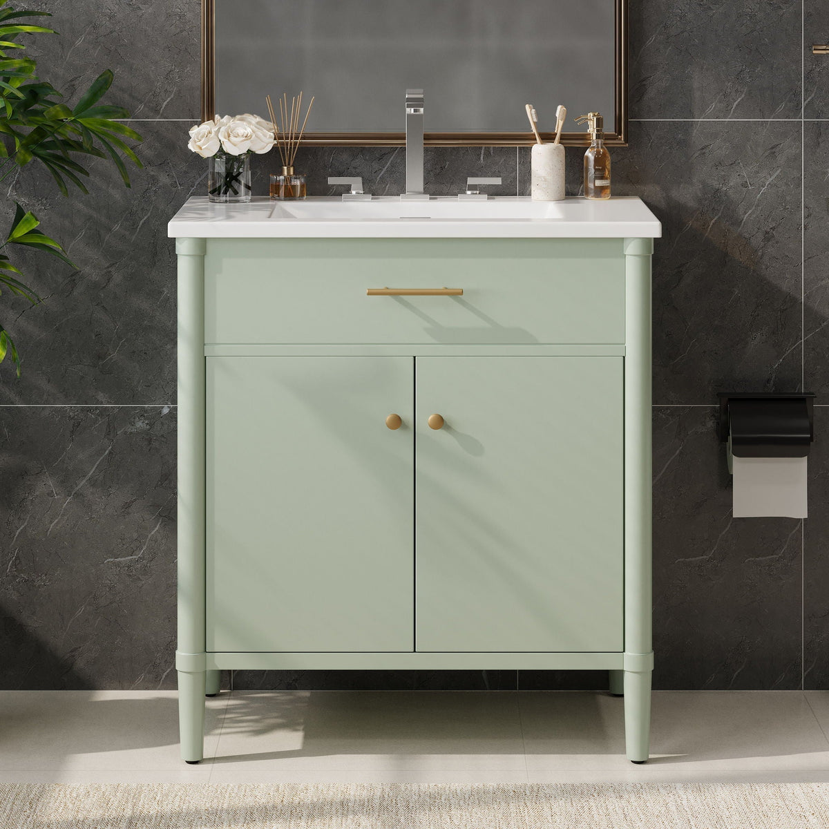 Bathroom Vanity with Sink and Adjustable Shelf - Soft Close Doors - Black, Green, or White