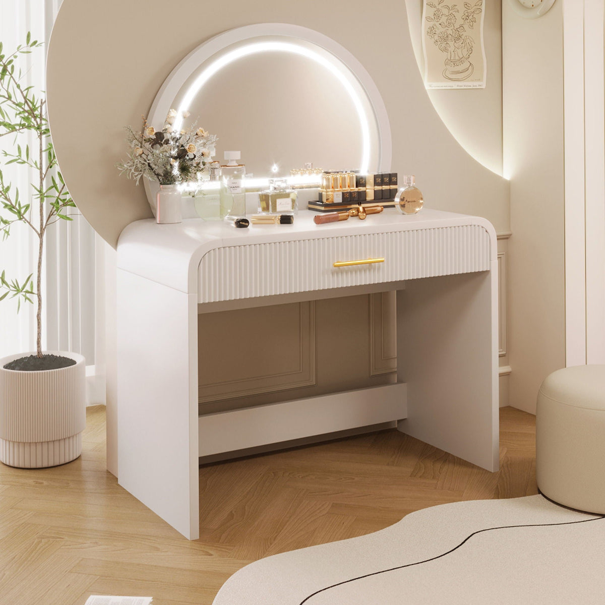 Makeup Vanity Table With Mirror Touch Screen Lighted Mirror, Dressing Table With Drawer For Bedroom - White