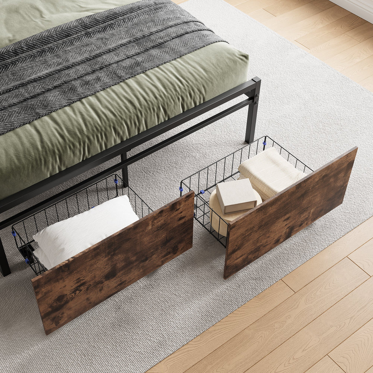 Upholstered Platform Bed with Storage and Charging Station in Vintage Brown and Gray