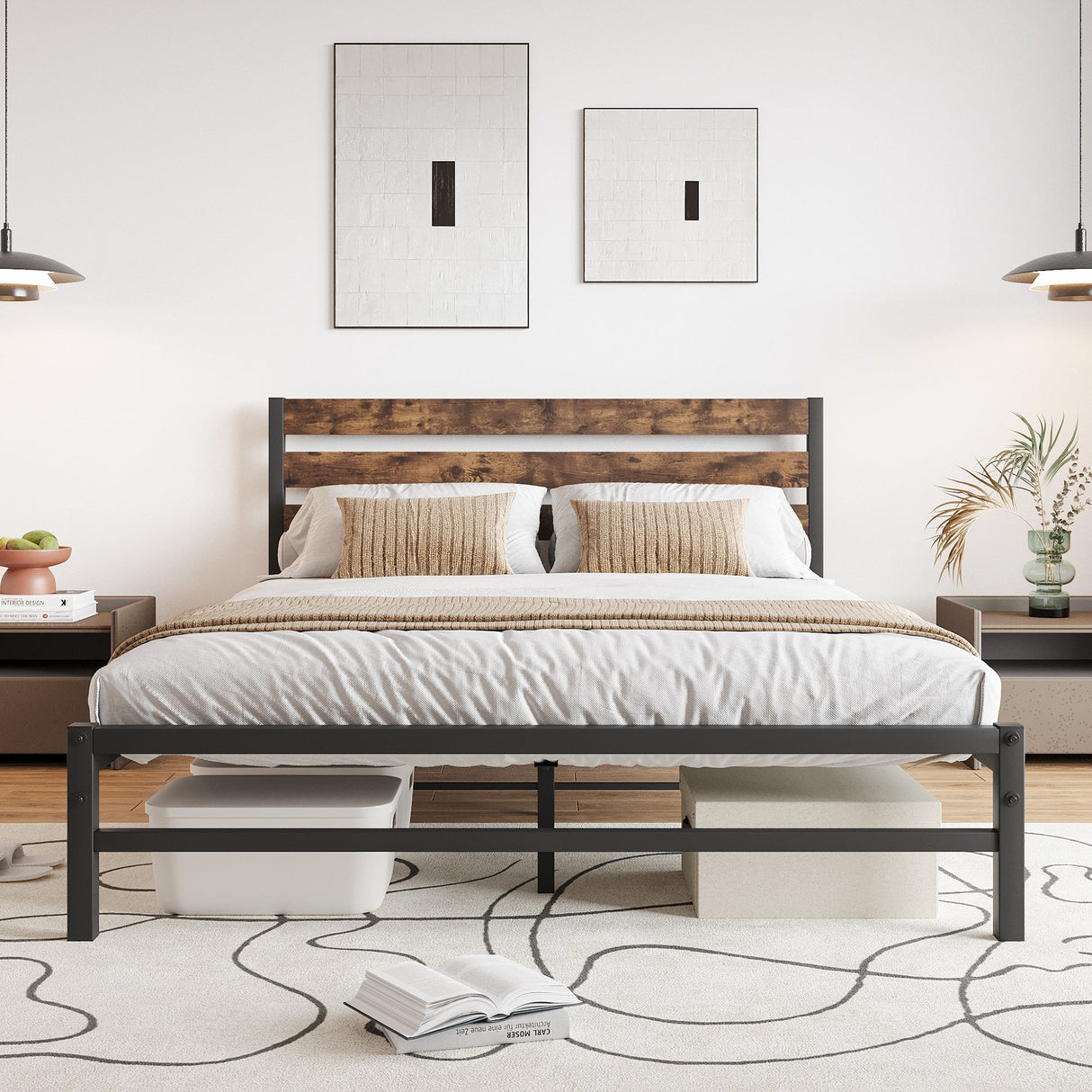 Industrial Metal & Wood Platform Bed Frame