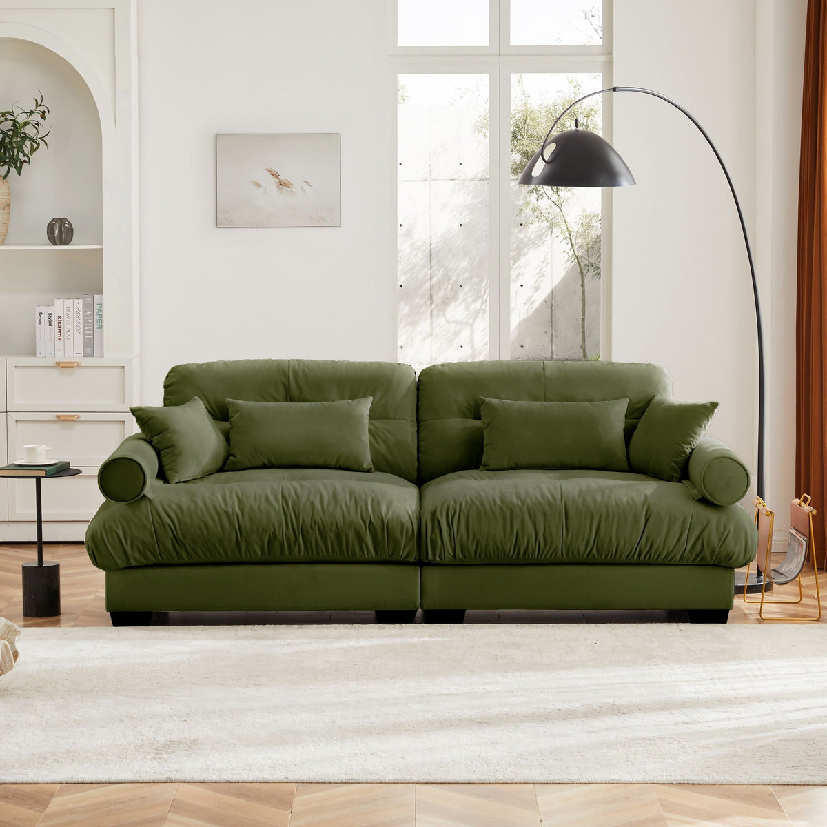 Modern Sofa With Bolstered Armrests And Pillows