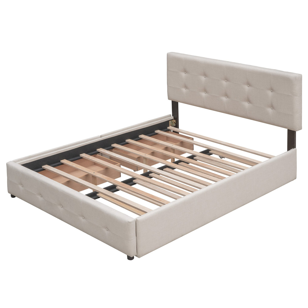 Upholstered Platform Bed with 2 Drawers and 1 Twin XL Trundle, Linen Fabric, Queen Size - Dark Beige(OLD SKU :LP100314AAA)