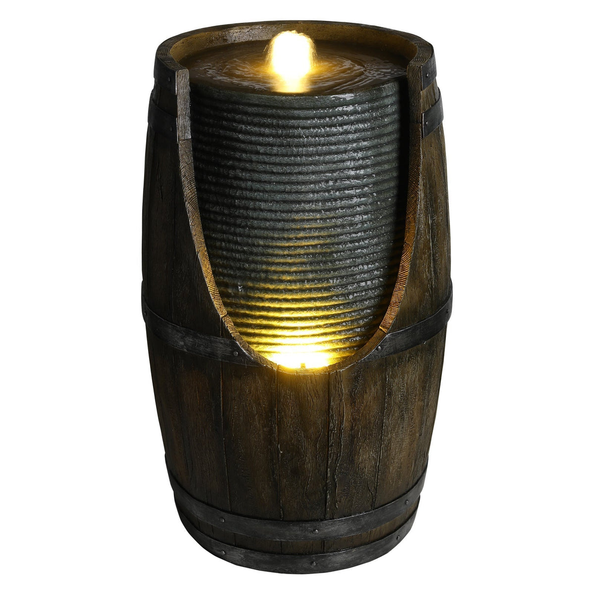 Wooden Barrel Style Outdoor Water Fountain with Lights Resin Rustic Garden Waterfall Decor for Patio Porch Yard