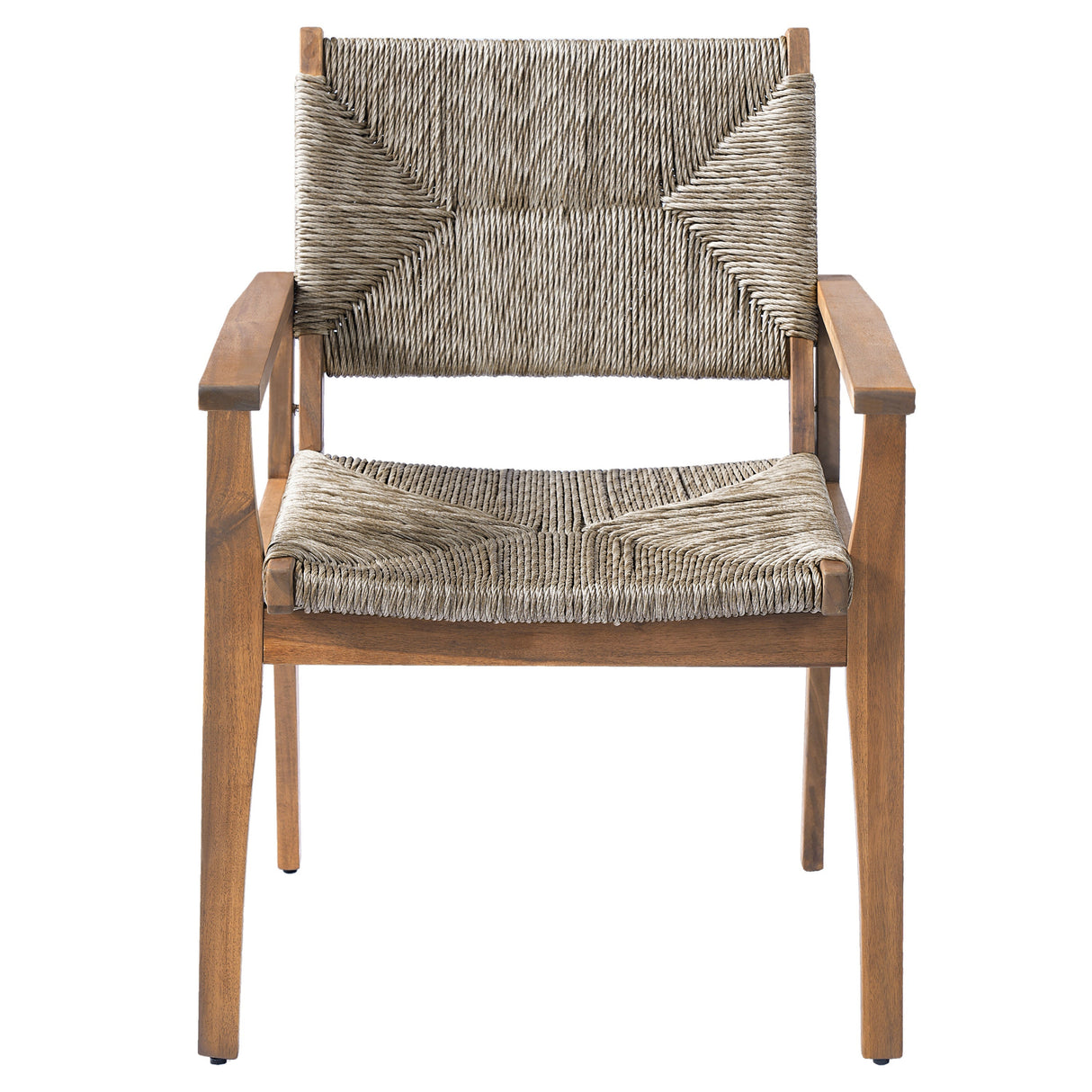 Durable Outdoor Dining Chair with Acacia Wood Frame, Handwoven Wicker Seat, Brown Finish, Patio Garden Furniture, (Compatible with Matching Table) Set of 2
