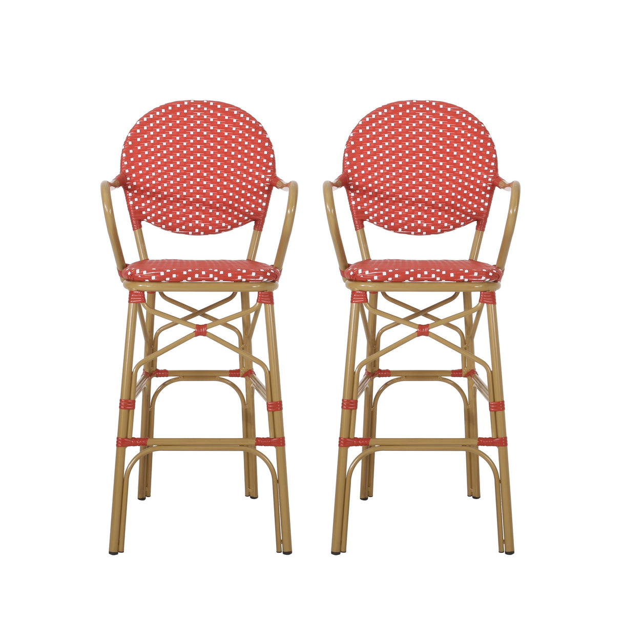 Outdoor Wicker and Aluminum French Barstools, Set of 2