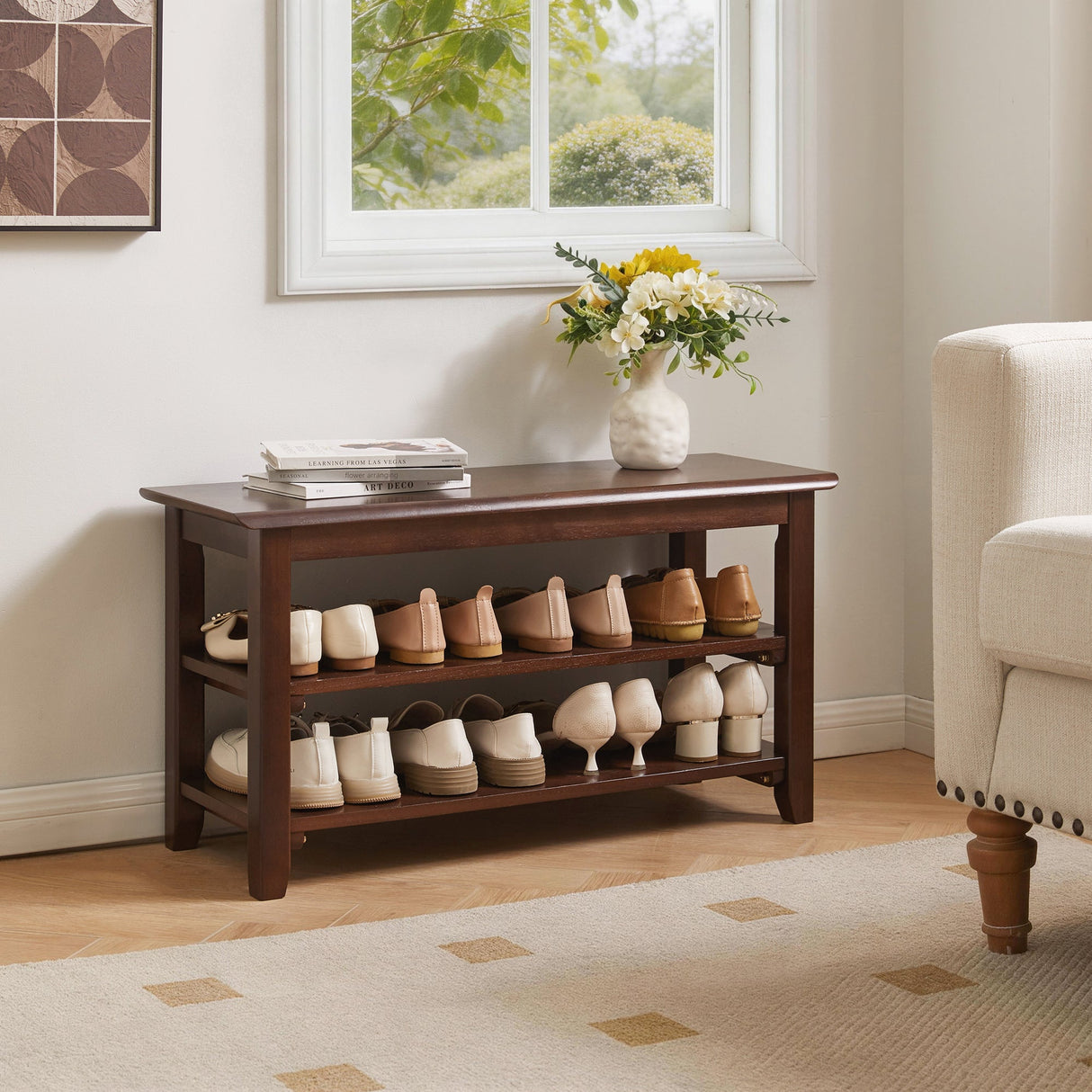 2-Tier Solid Wood Shoe Bench
