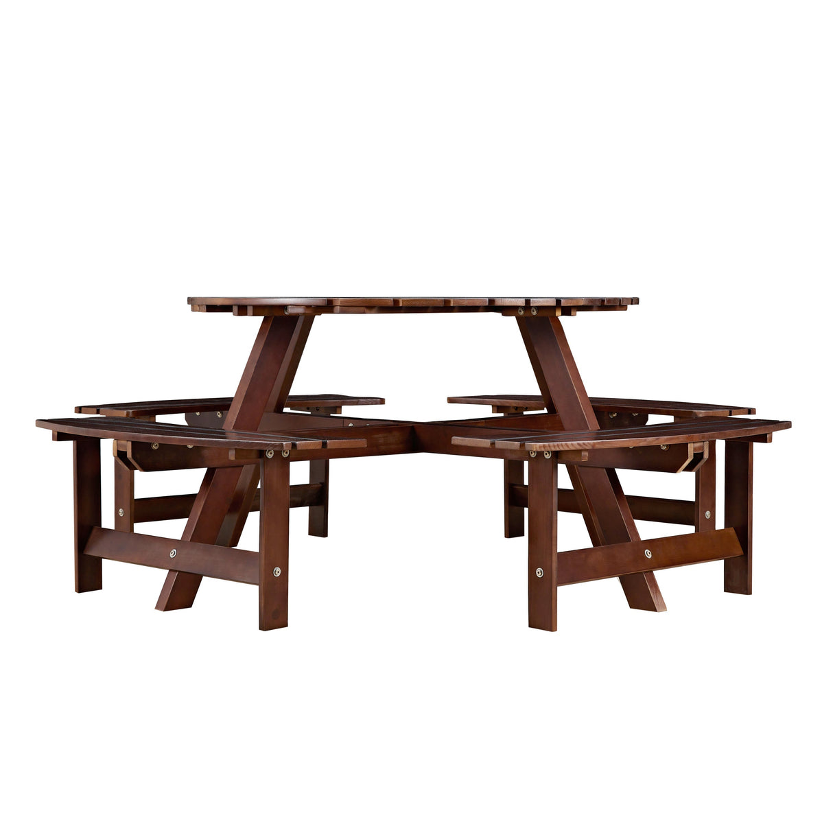Outdoor 8 Person Round Picnic Table with Built-in Benches and Umbrella Hole