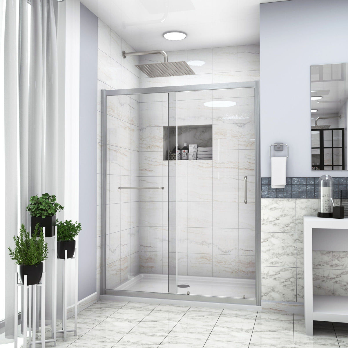 Single Sliding Bypass Shower Door with Tempered Glass Enclosure - Pearl Silver or Gray