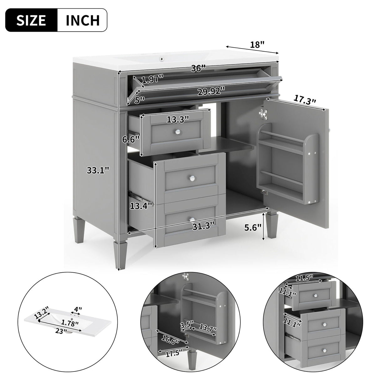 Bathroom Vanity With Top Sink, 2 Drawers and Tip Out Drawer
