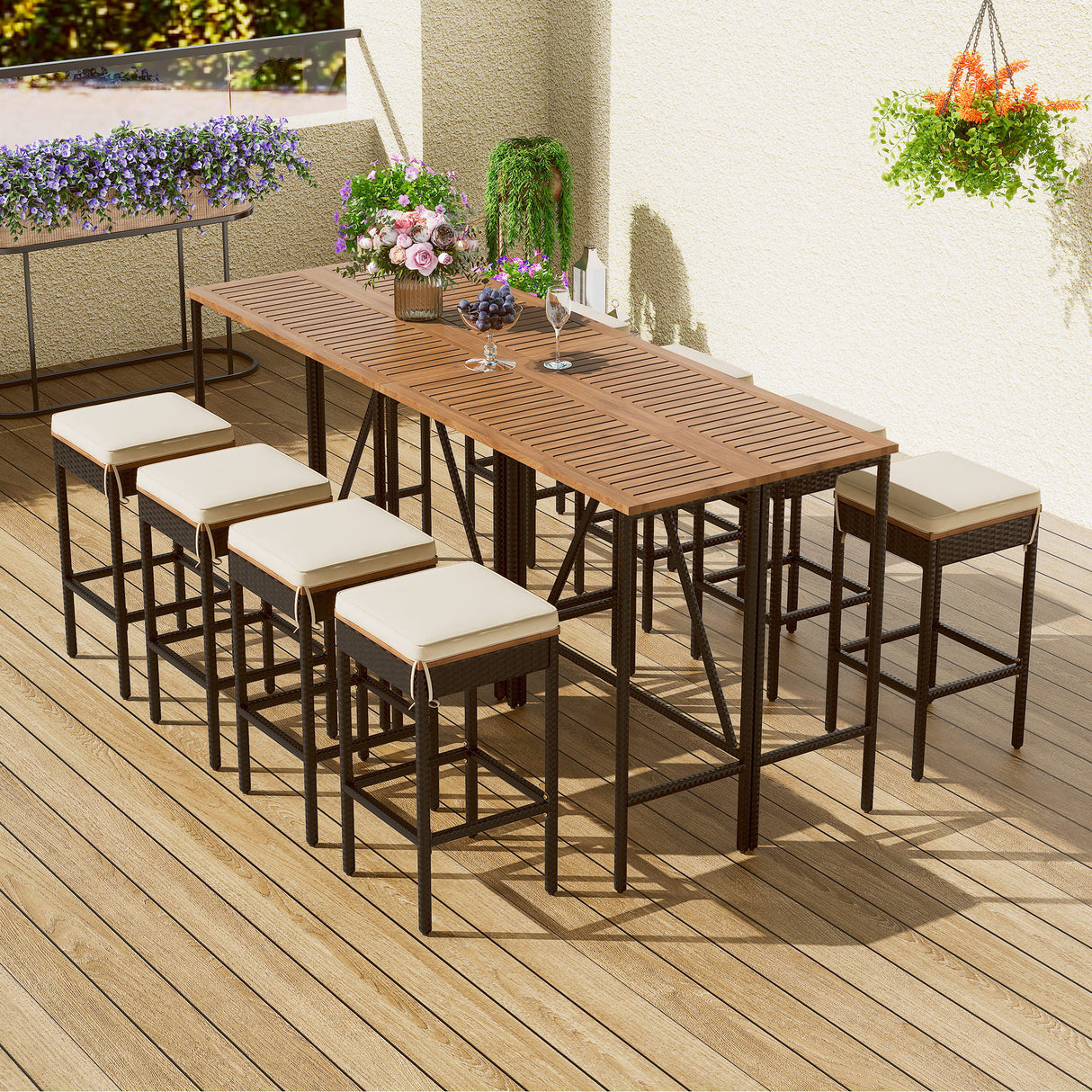 Outdoor Acacia Wood Bar Height Table and Eight Stools with Cushions