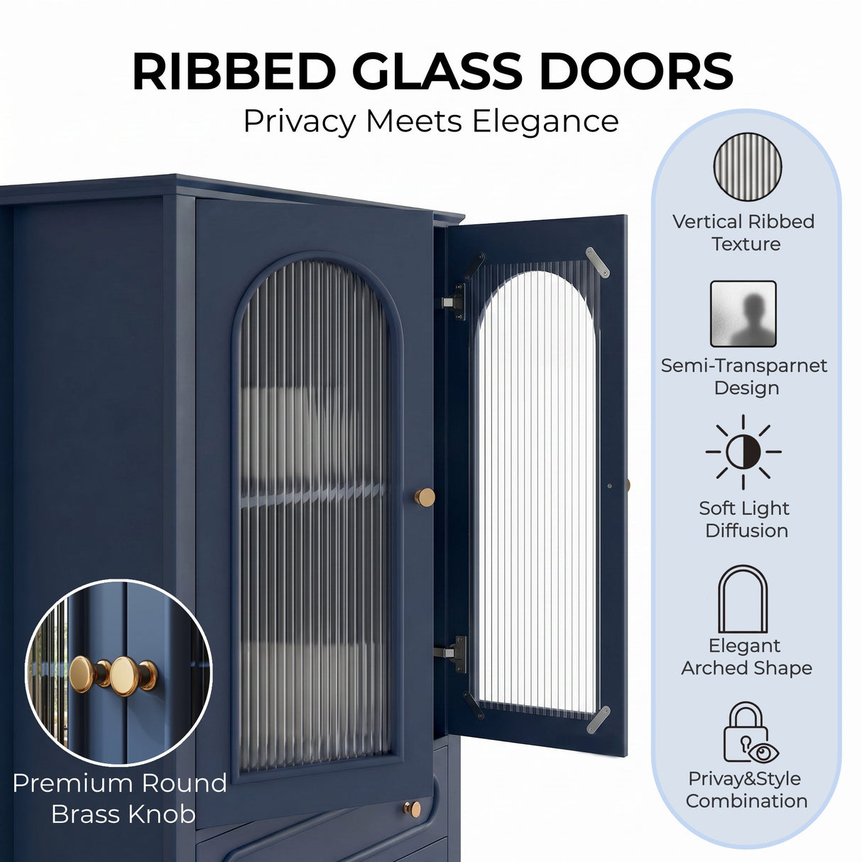 46.5'' Glass Display Cabinet with Ribbed Glass Doors