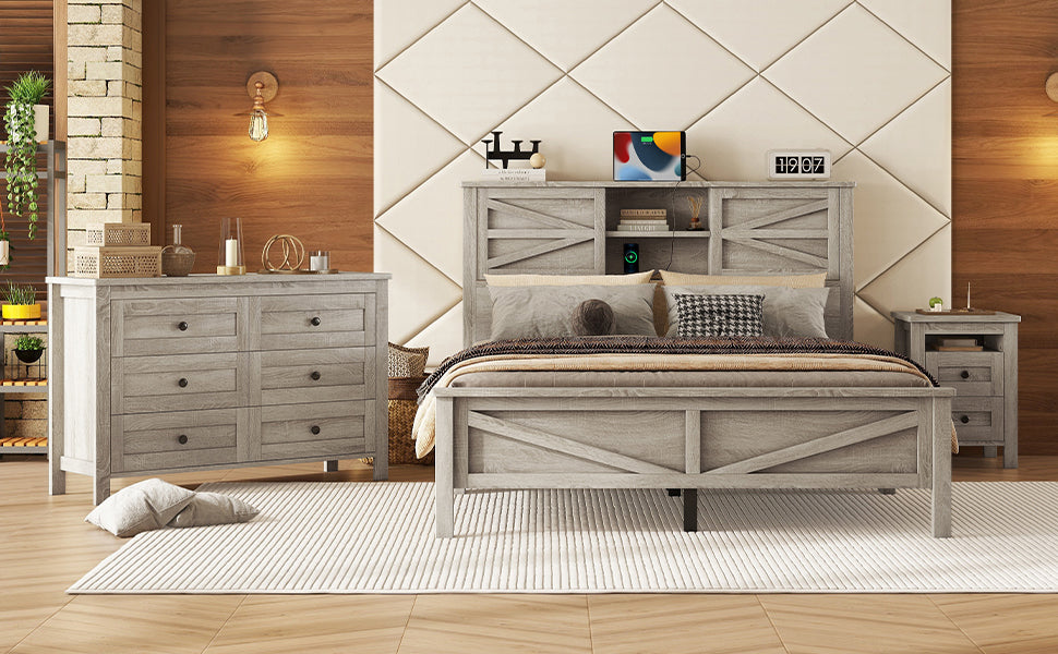 3-Pieces Bedroom Set Queen Size Farmhouse Platform Bed with Storage Headboard and Charging Station