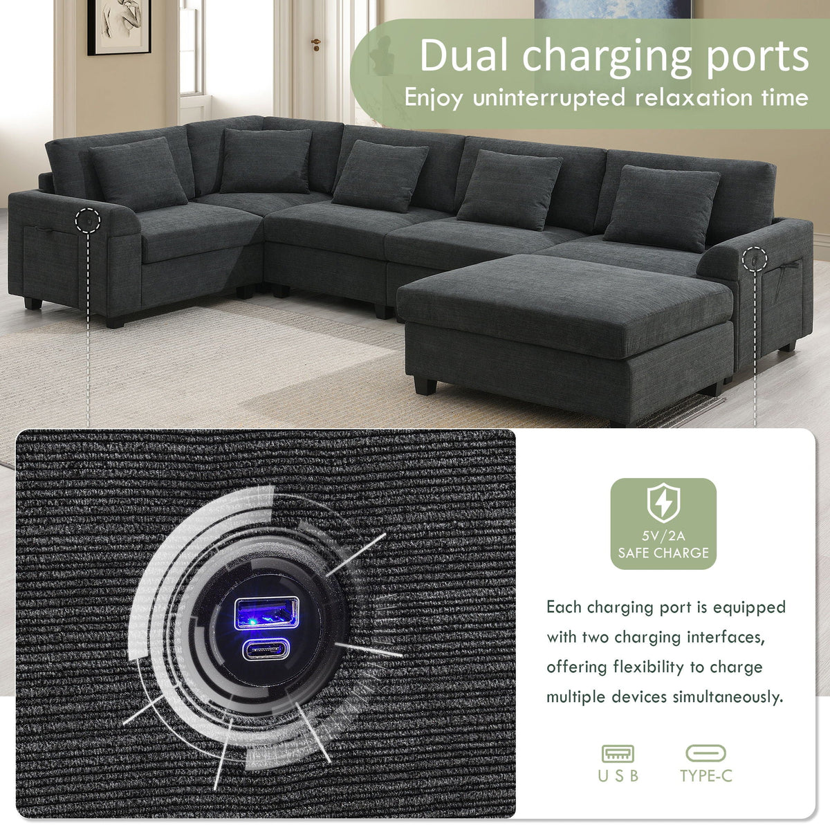 U Shaped Sectional Sofa 6 Seat Couch Set With Oversized Ottoman, Hidden Armrest Storage And Cup Holders USB Charging Ports Wide Seat Sofa