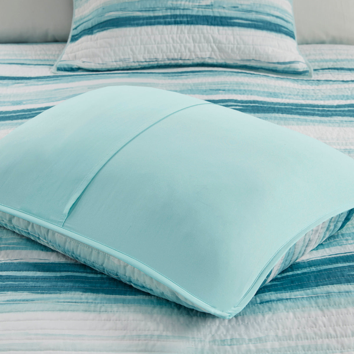 6 Piece Printed Quilt Set with Throw Pillows Aqua Full/Queen