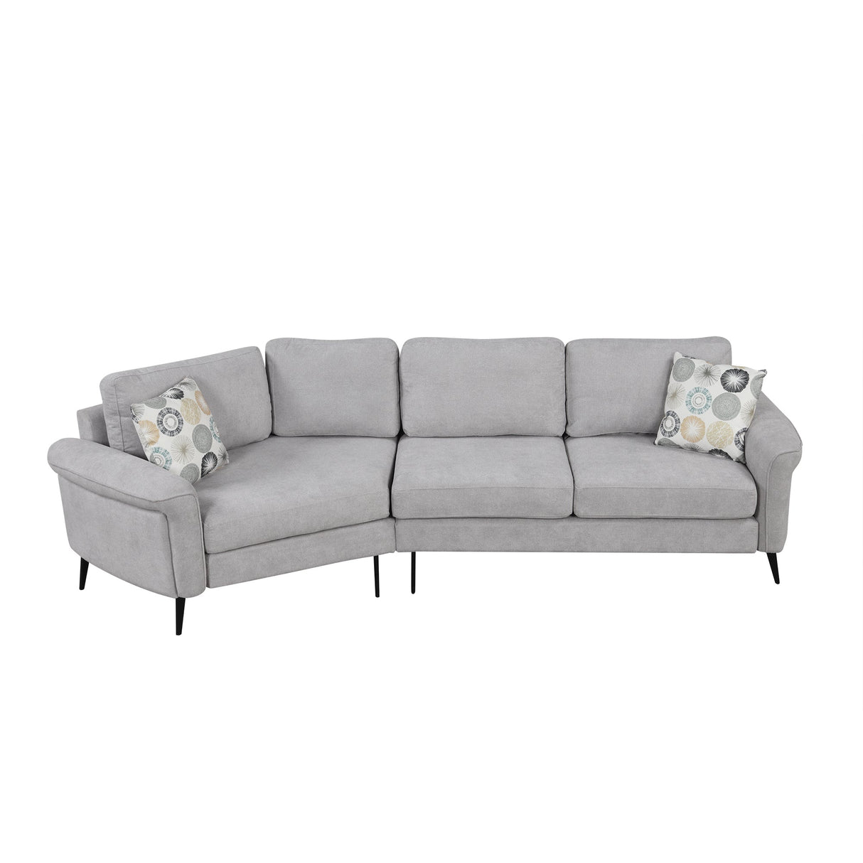 111" Upholstered 3-Seater Sofa with Curved Design and Two Printed Pillows