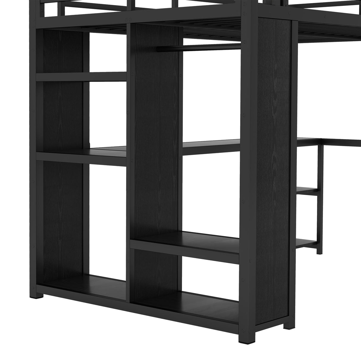Full Size Loft Bed Frame with Built-in Wardrobe, Metal Loft Bed with Desk and Storage Shelves
