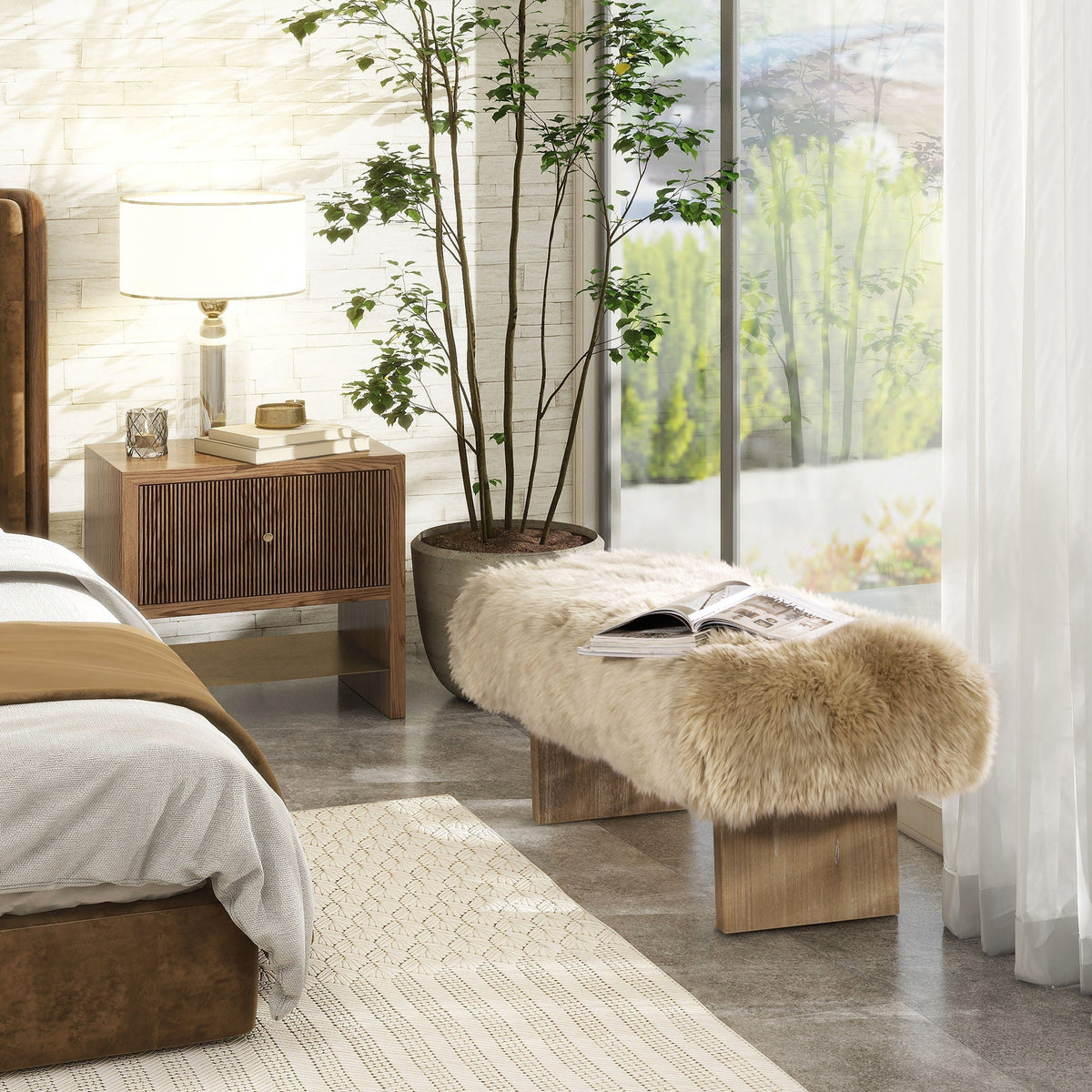Natural Blonde Sheepskin Fur Rectangular Accent Bench with Plush Upholstery - 49"