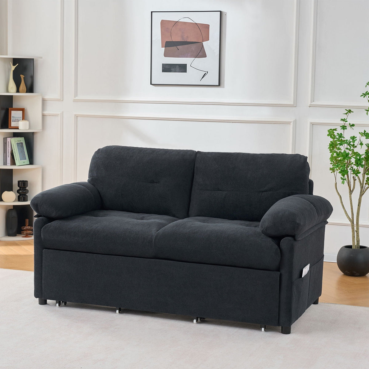 Convertible Pull Out Sofa Bed Queen Size with Side Storage - Fabric, Modern