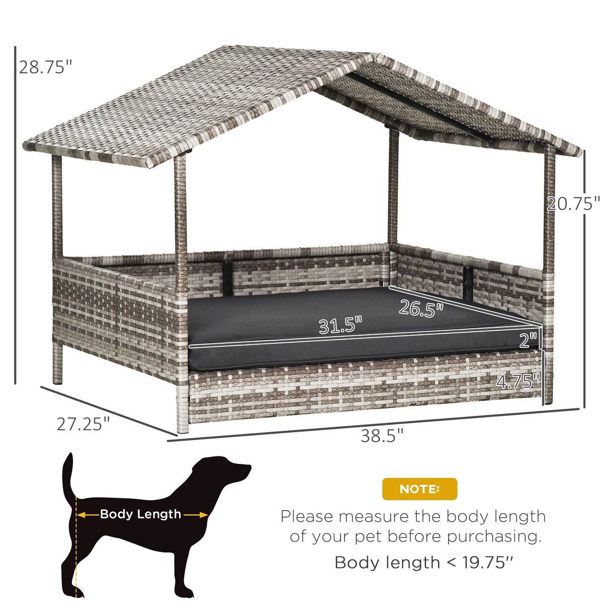Wicker Dog House Outdoor with Canopy and Water-Resistant Cushion