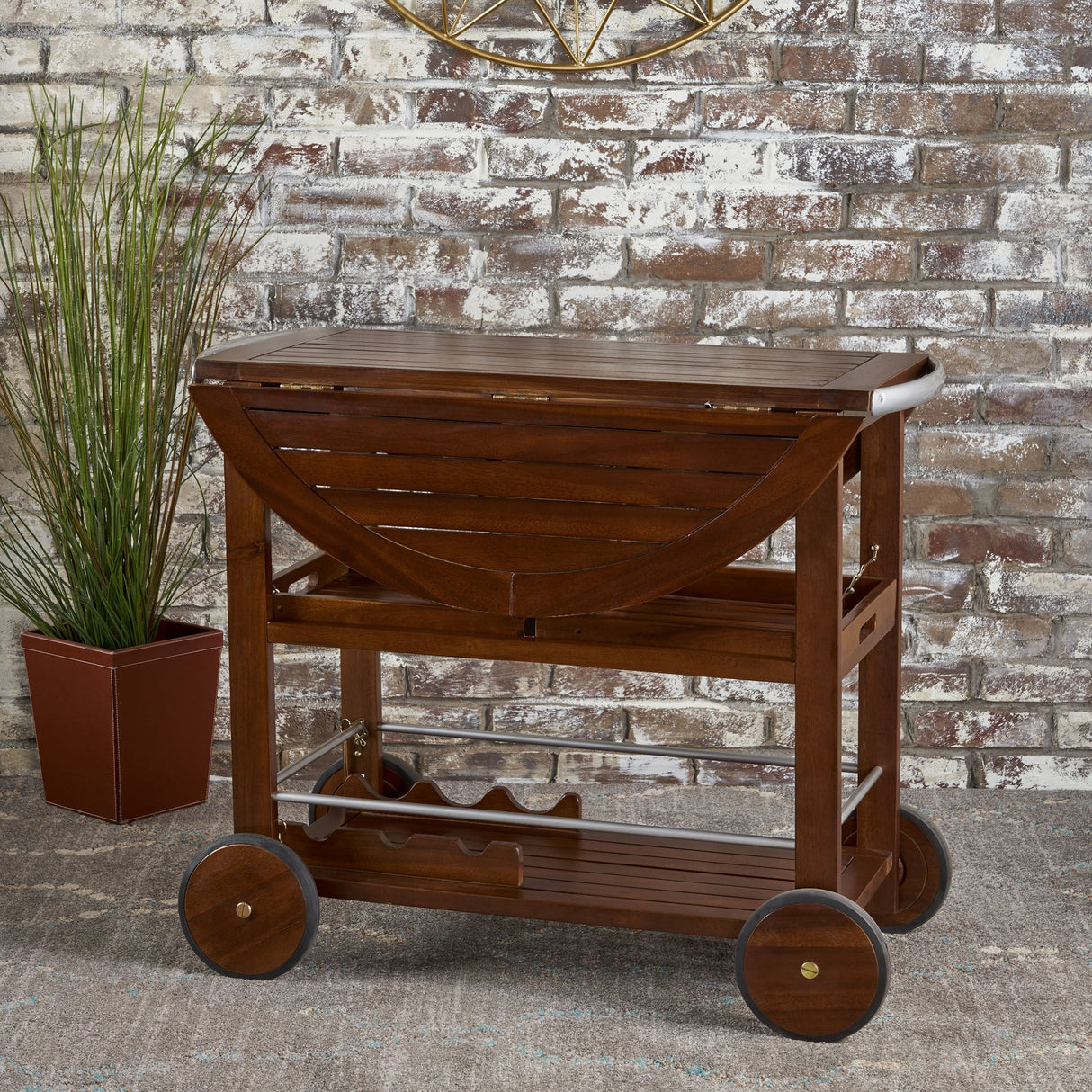 Wood and Aluminum Bar Cart with 2 Shelves, Oak and Silver