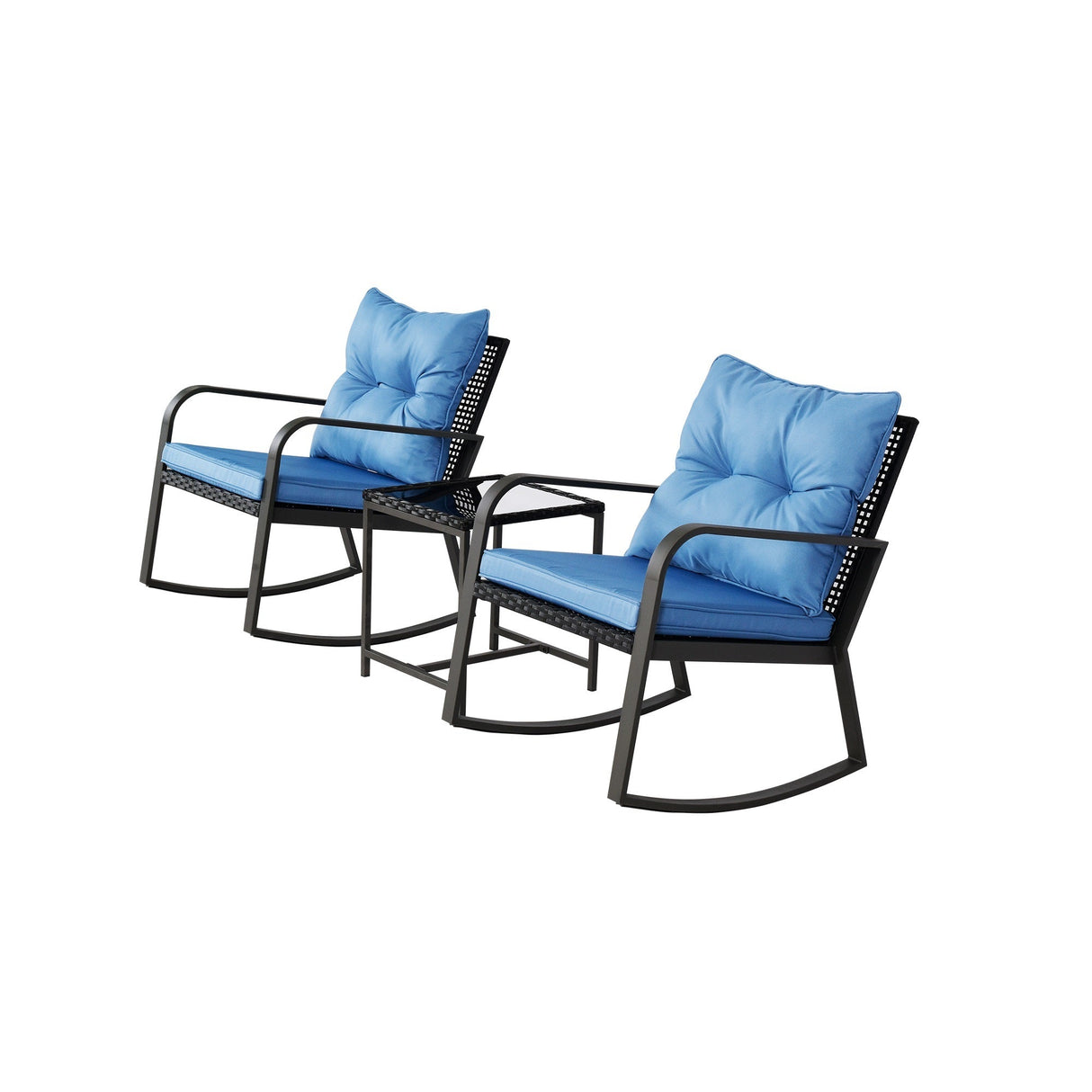 3 Pieces Patio Bistro Set Outdoor Rocking Chair with Blue Cushion for Yard Garden Poolside