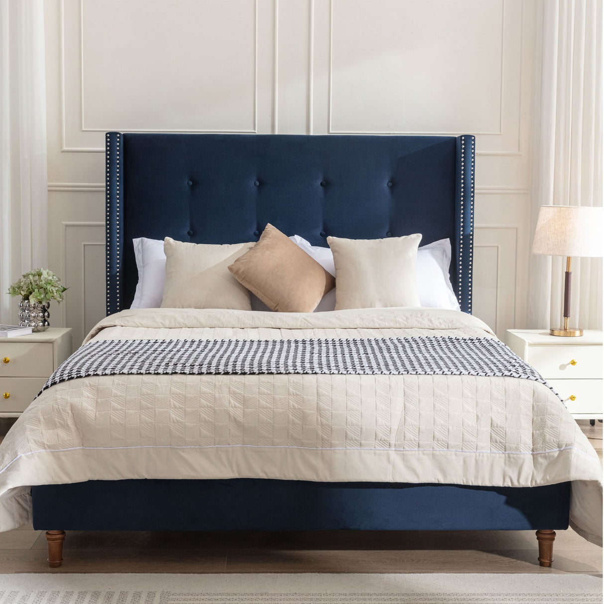 Peyton Upholstered King Bed with 54" High Headboard and Nailhead Trim Wingback in Blue Velvet