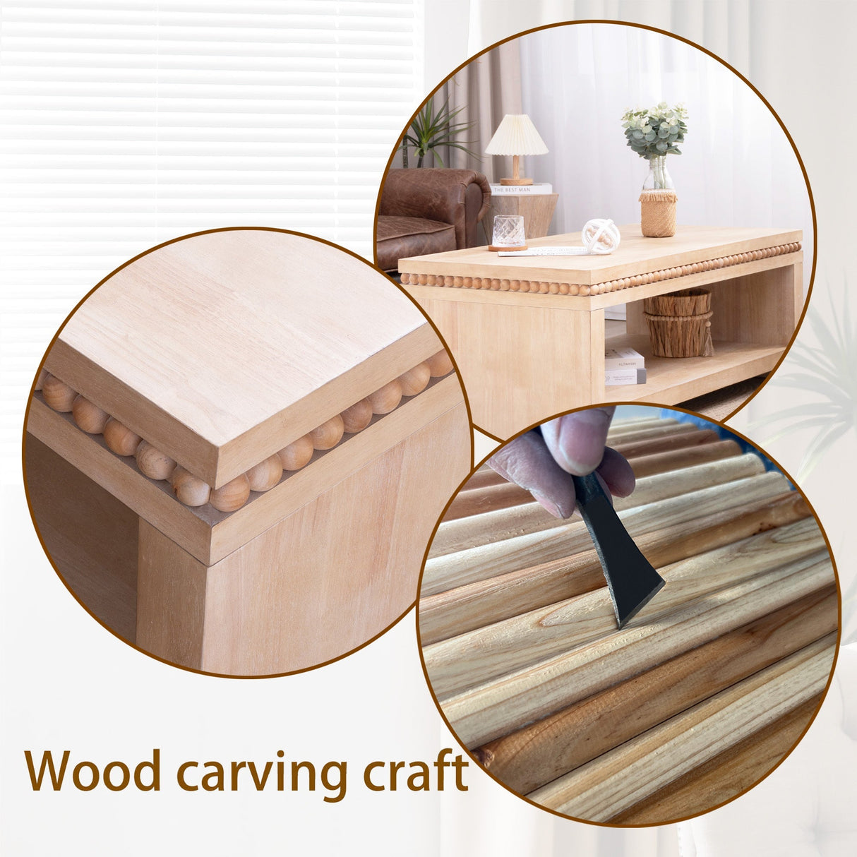 Modern Wood Coffee Table with Beaded Trim – 47 Rectangular Coffee Table with Open Storage Shelf, Light Natural Finish – Farmhouse & Coastal Living Room Furniture