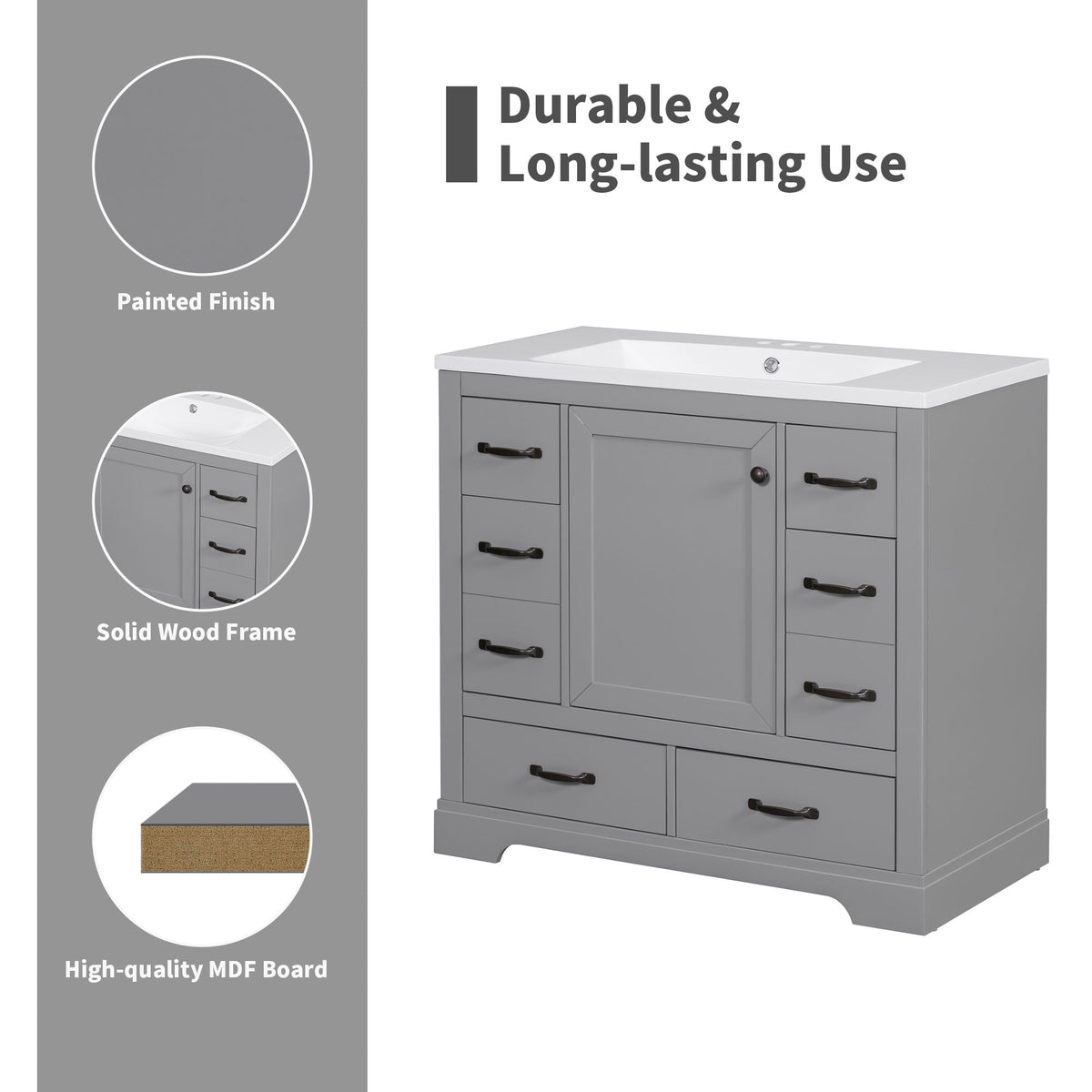 36" Bathroom Vanity Without Sink, Cabinet Base Only, 6 Drawers, Multi Functional Drawer Divider, Adjustable Shelf - Gray