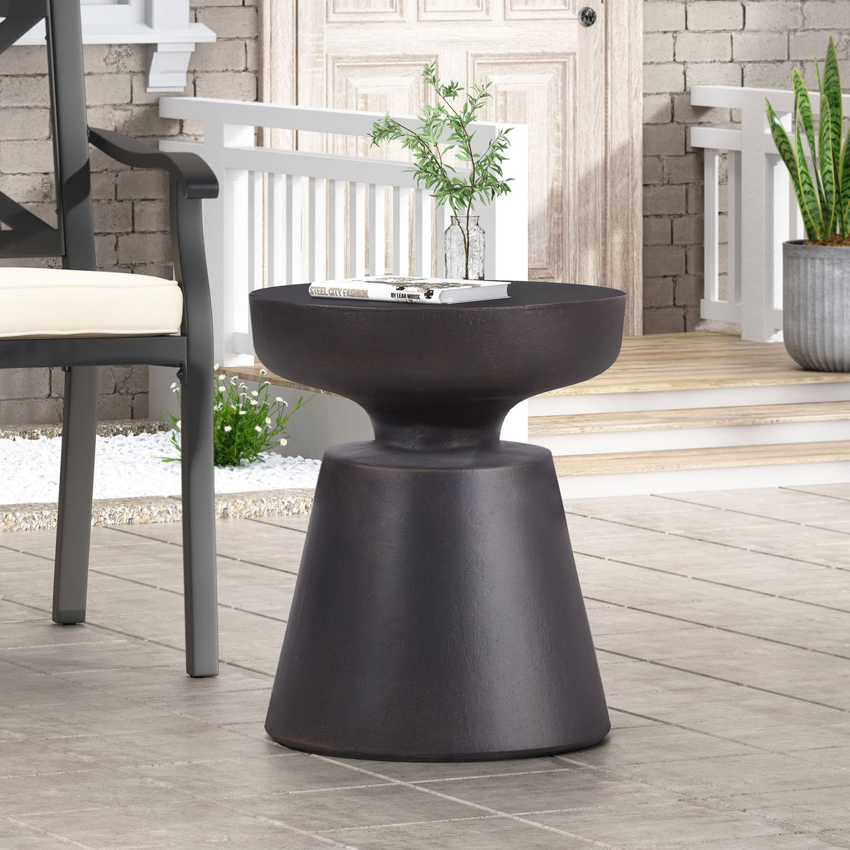 Outdoor Lightweight Concrete End Table with Copper Half-Sphere Top