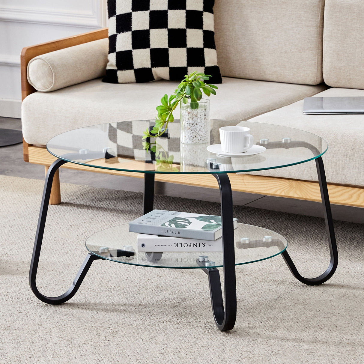 Retro Minimalist Style Metal Frame Double Layer Tempered Glass Coffee Table