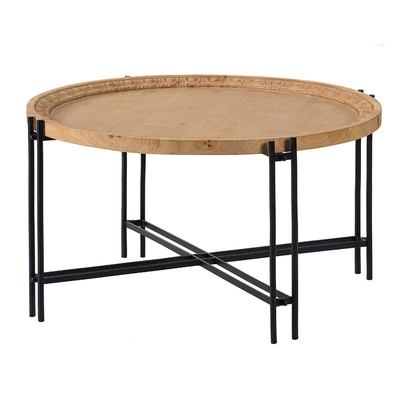 Farmhouse Round Wooden Coffee Table With Metal Legs - Black / Brown