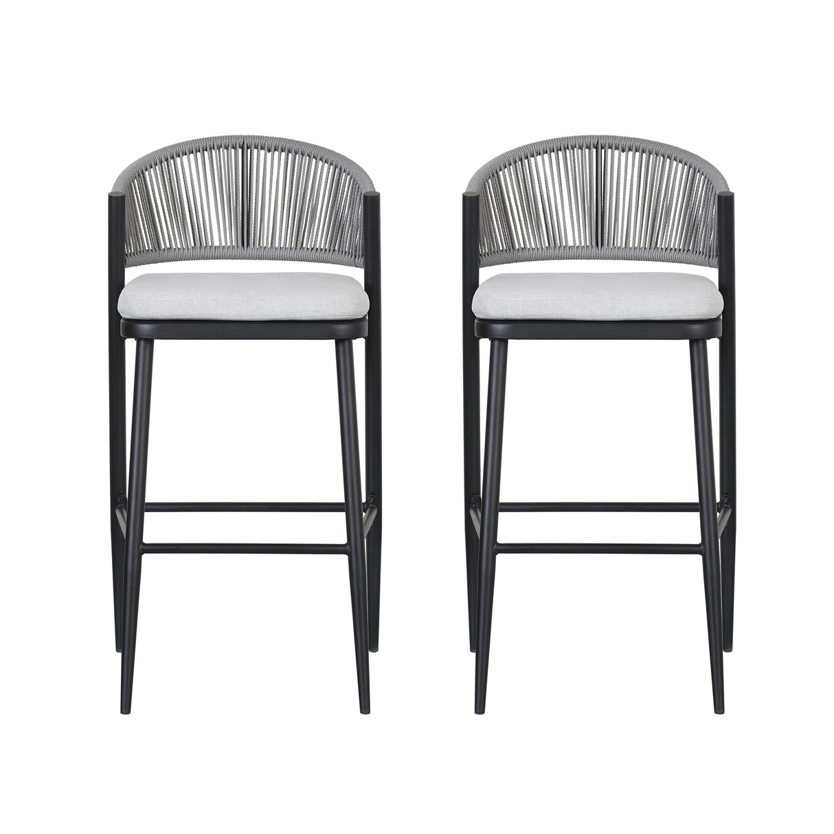 Outdoor 30.25' Bar Height Metal Frame Counter Stools with Scallop-shaped Backrest & Water-resistant Cushions, Set of 2, Matte Black