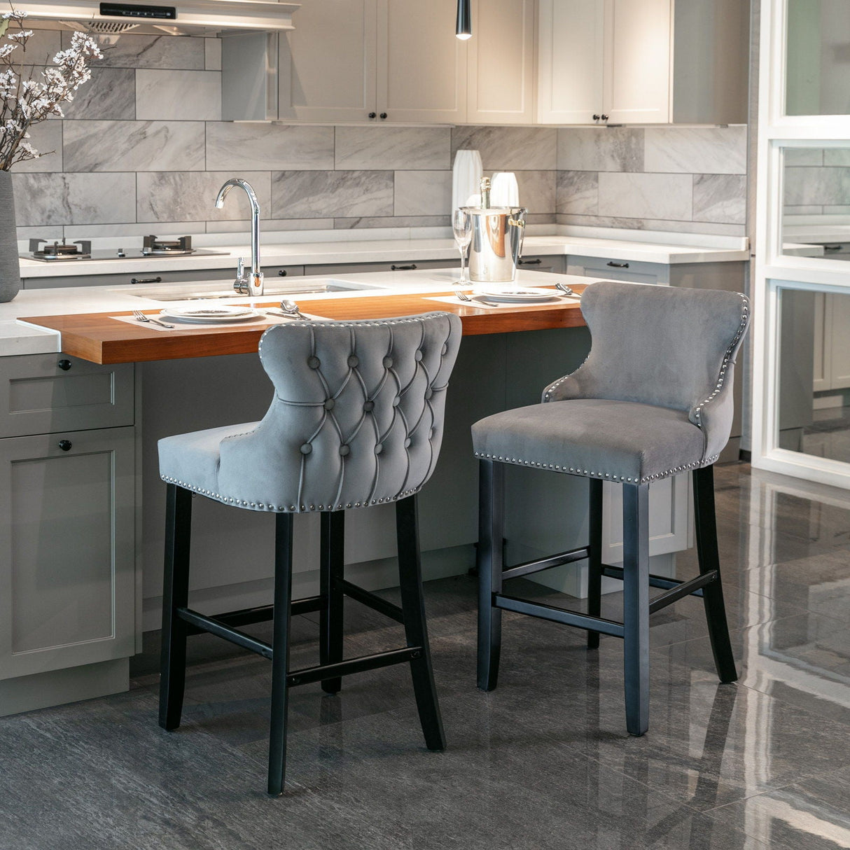 Contemporary Upholstered Wing-Back Barstools With Button Tufted Decoration And Wooden Legs, And Nailhead Trim, Leisure Style Bar Chairs, Bar Stools (Set of 2)