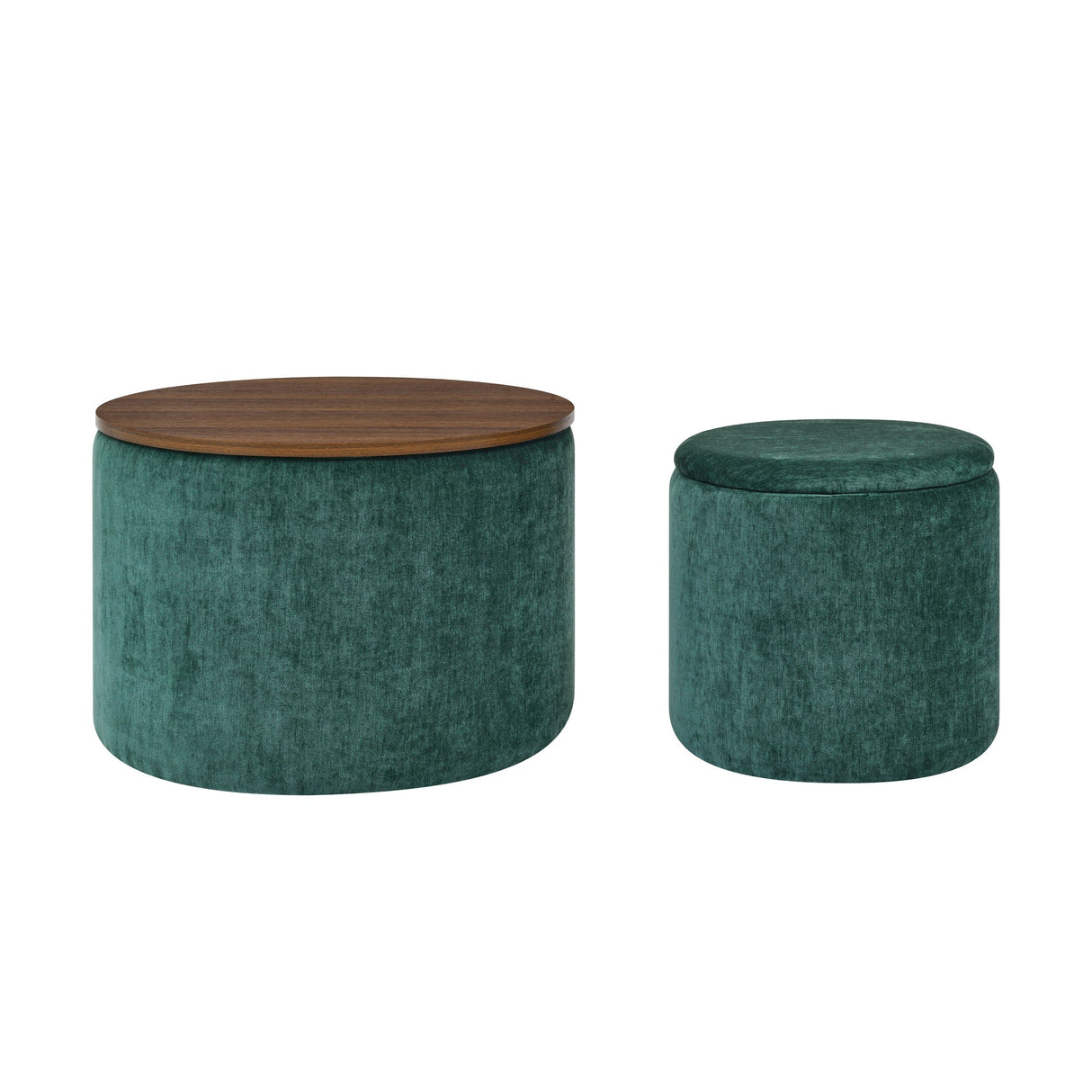Classic Style 2-Piece Round Chenille Storage Ottoman Set with Drum Shaped Stool