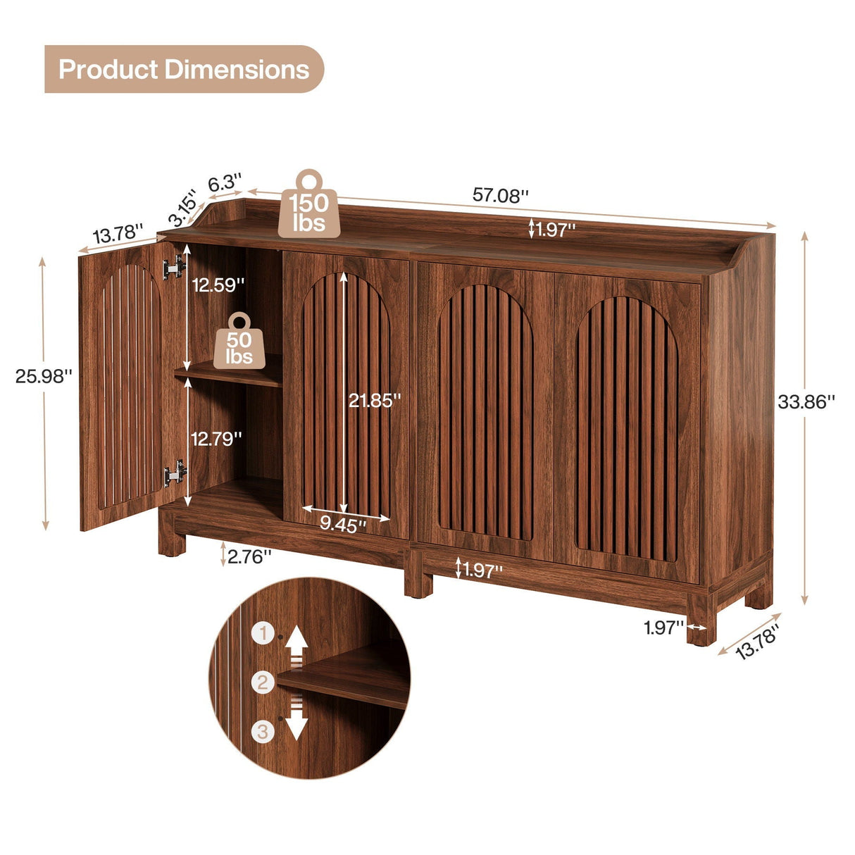 Sideboard Buffet Cabinet With 4 Doors & Shelves - Brown Credenza Table for Dining Room