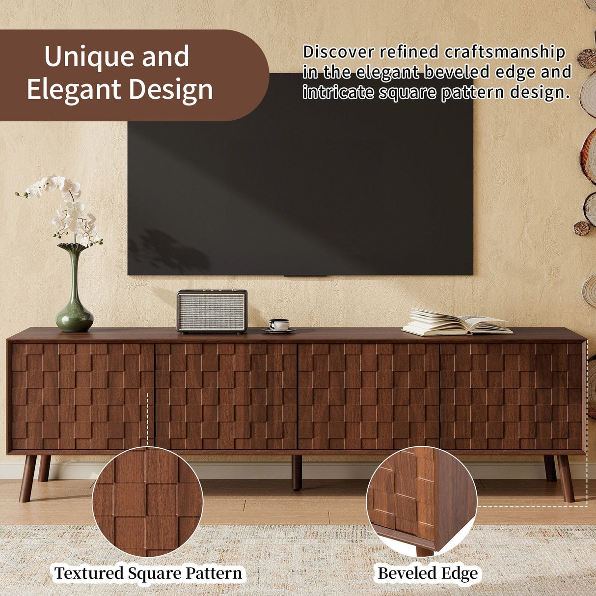 70inch Modern TV Stand for TVs up to 80 Inches with Walnut Legs