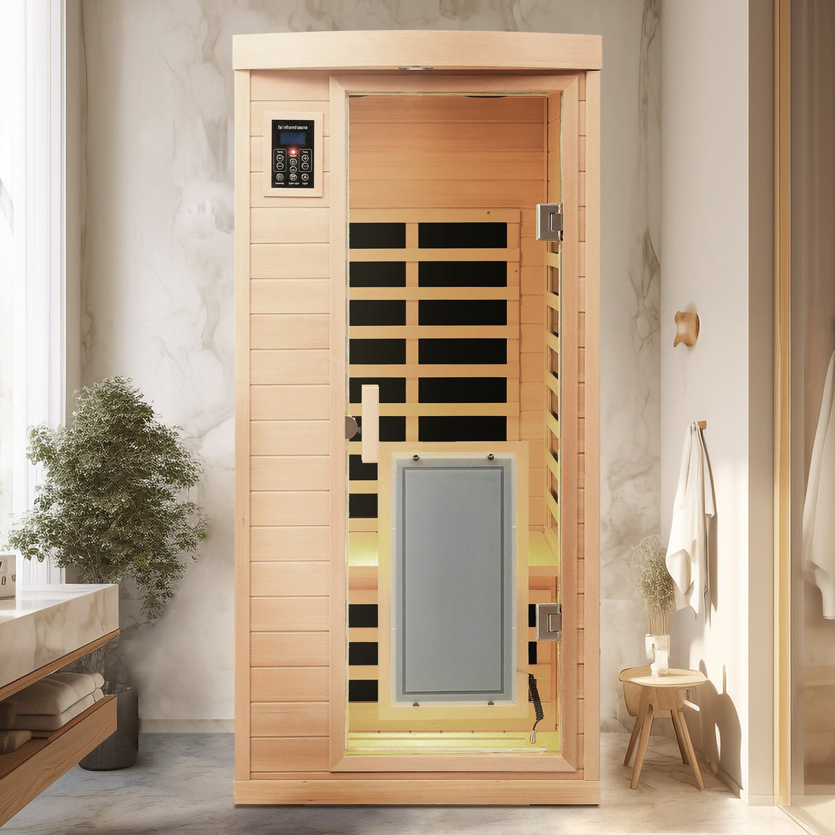 Low EMF, There is also a heating plate on the glass door, Hemlock wood Far-infrared indoor One person sauna room
