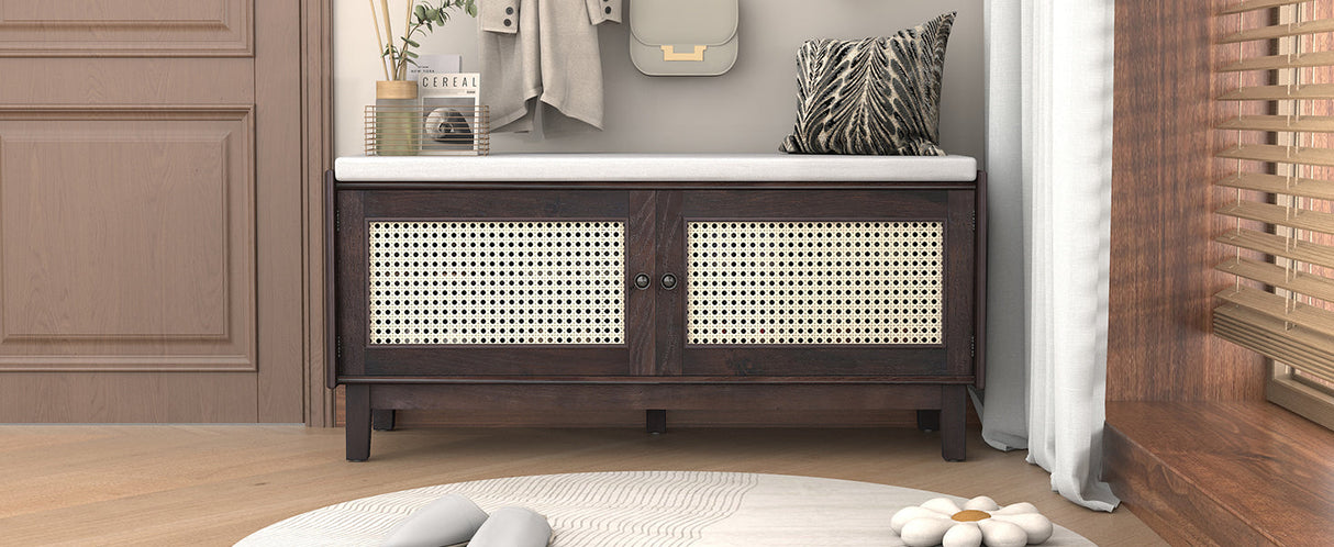 TREXM Boho Rattan Entryway Bench with Storage
