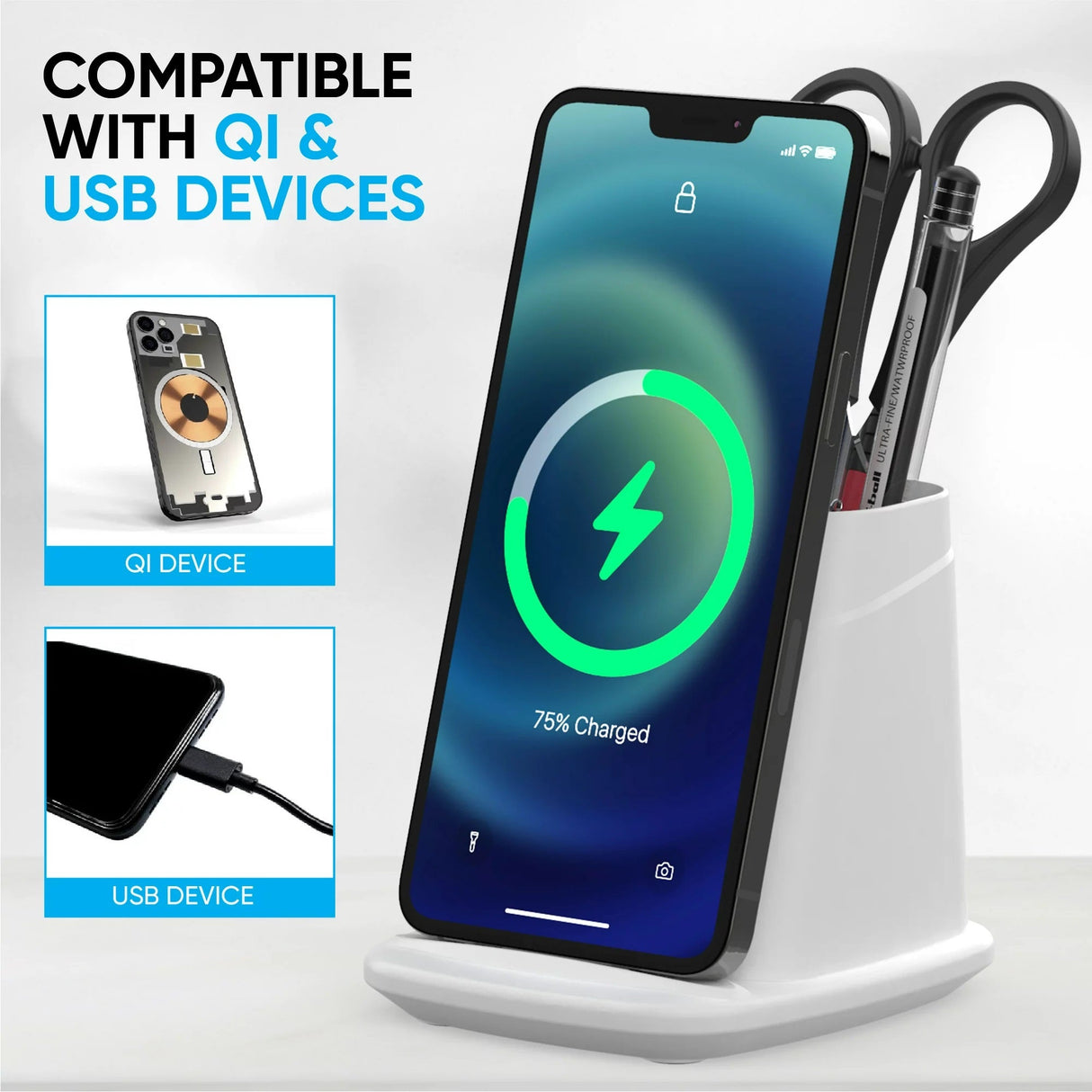 Wireless Charging Stand with Dual USB Charger & Desk Organizer