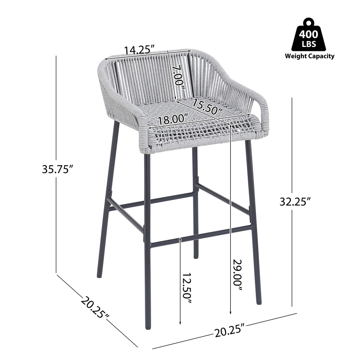 La Push Outdoor Patio Light Gray Rope Bar Stool, Set of 2