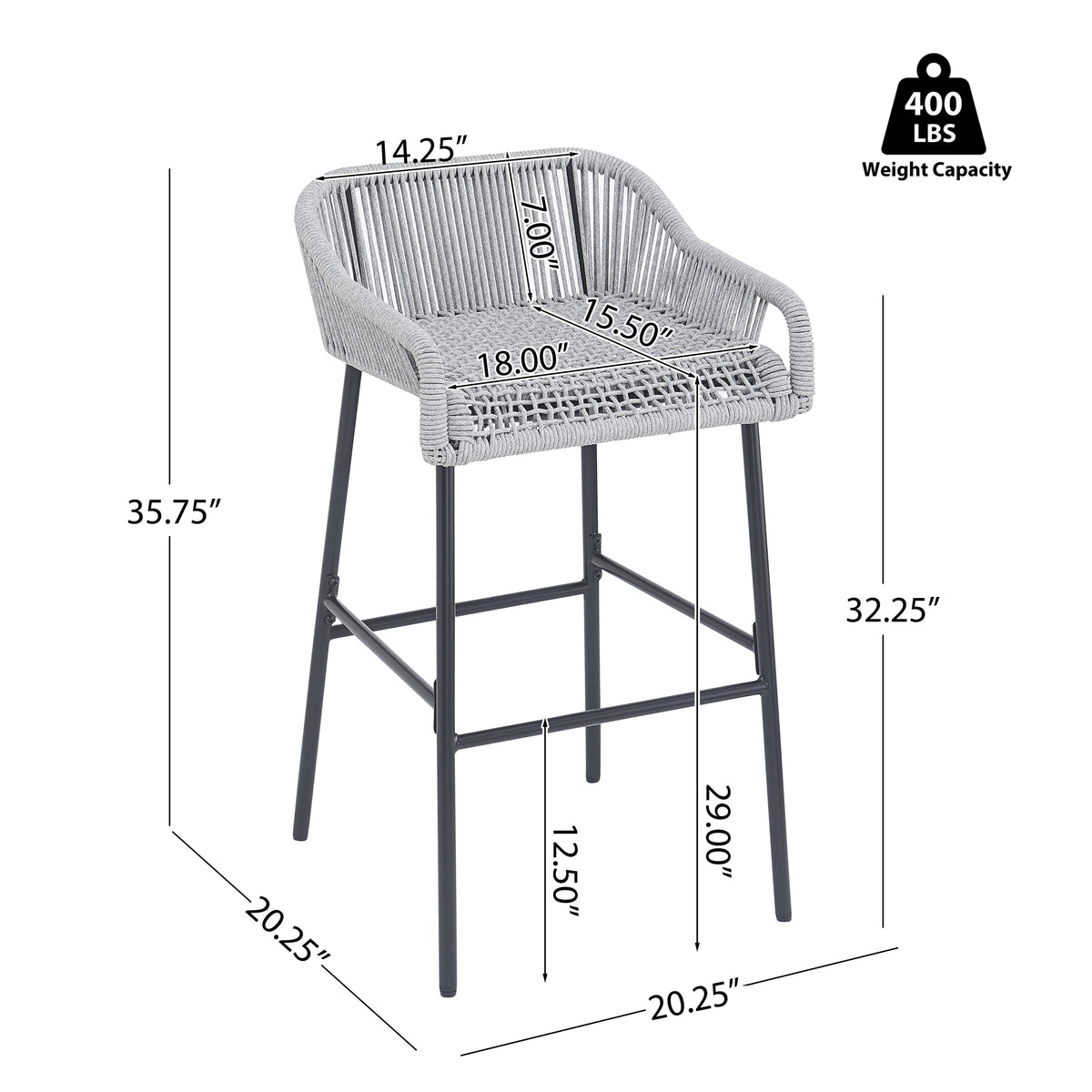 Light Gray Rope Outdoor Bar Stool Set with UV Resistance - Set of 2