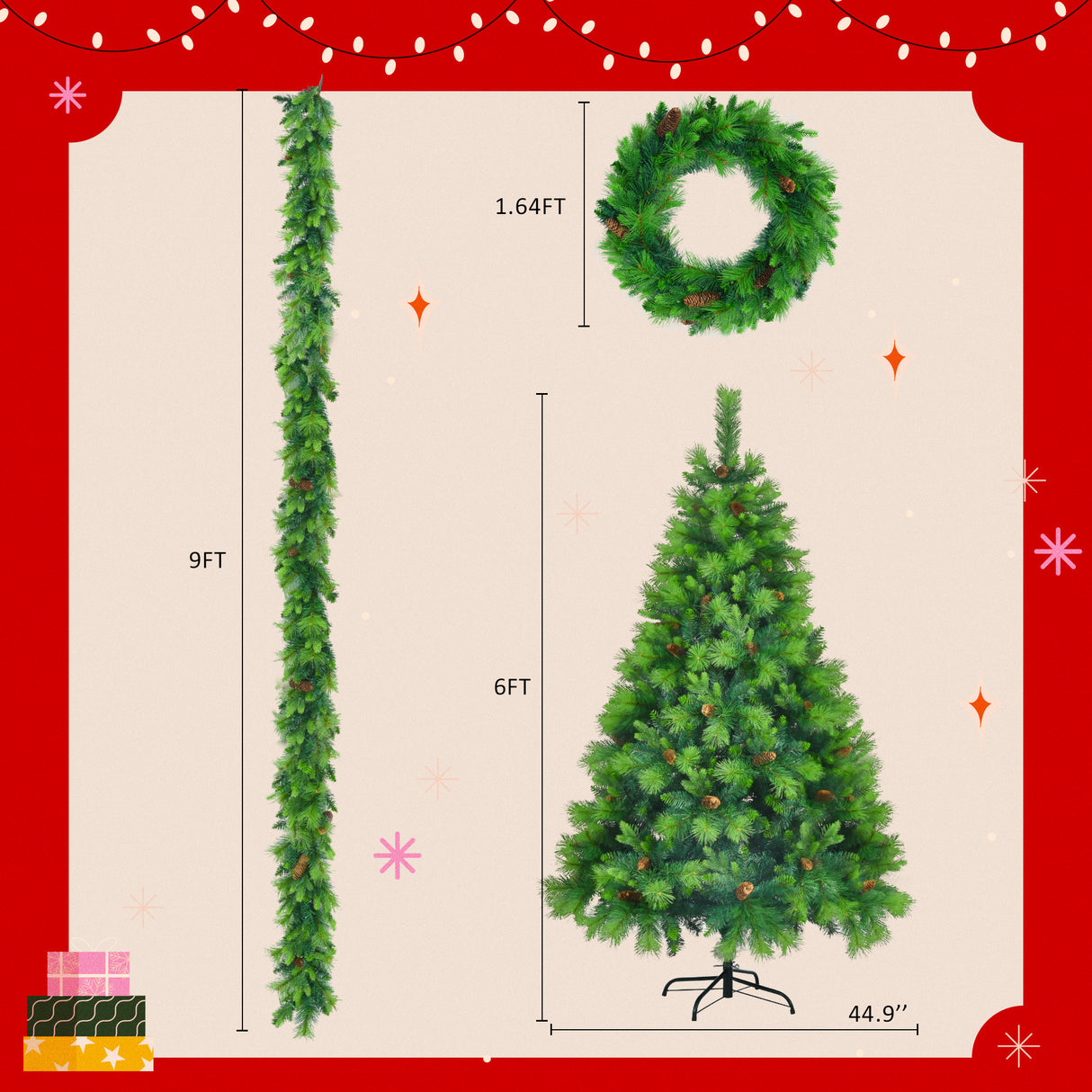 6FT Grass Green Christmas Tree 3 PC - Pre-Lit Set with Tree & Garland & Wreath, Hinged Xmas Tree