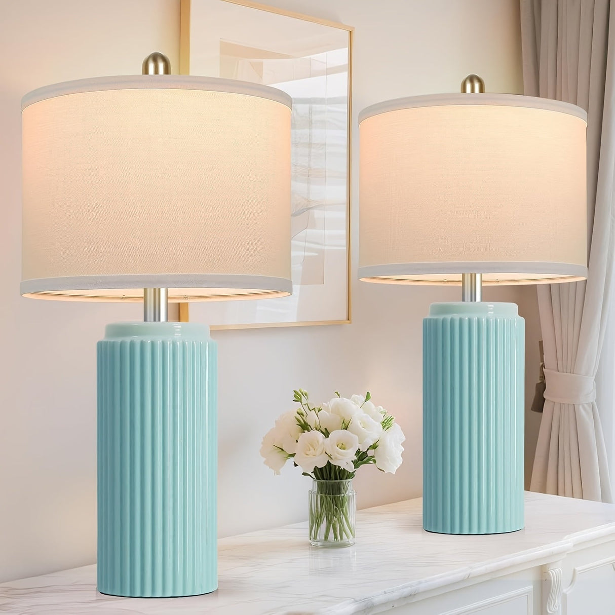 Farmhouse Table Lamps Set of 2 – Ceramic Base Bedside Lamps for Bedroom & Living