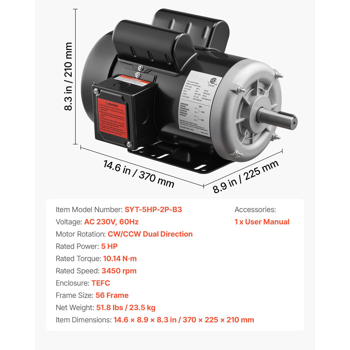 5 HP Electric Motor for Air Compressors, 3450 RPM, Single-Phase 230V
