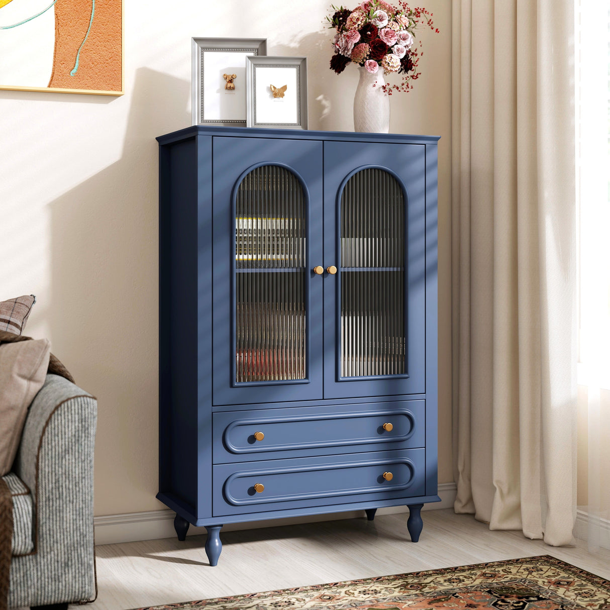 46.5'' Glass Display Cabinet with Ribbed Glass Doors