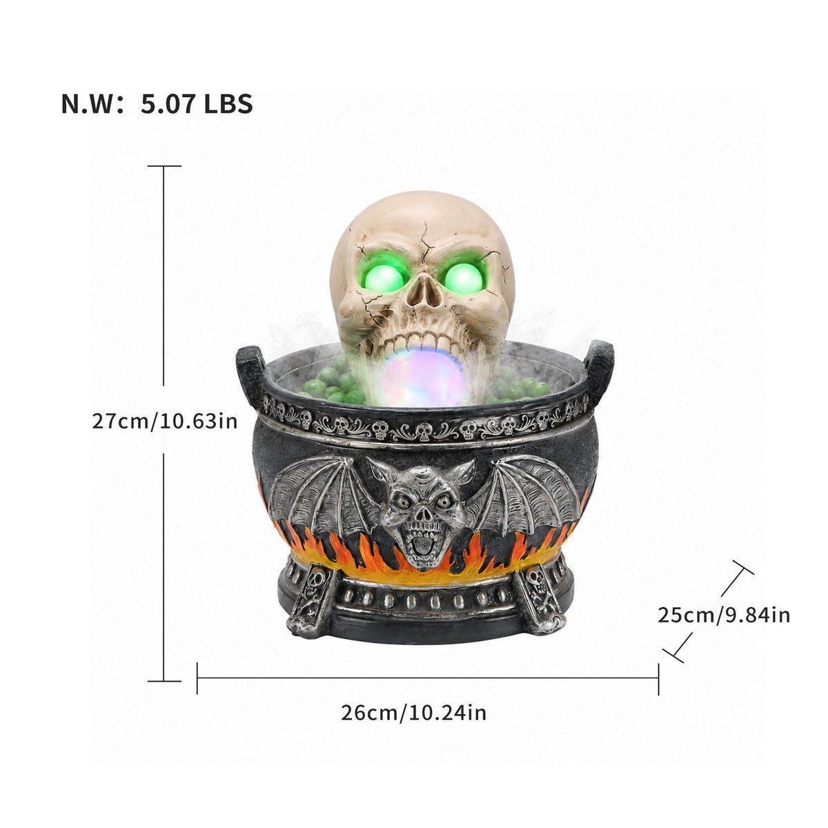 Halloween Skull Cauldron Statue with LED Light and Smoke Fog Effect