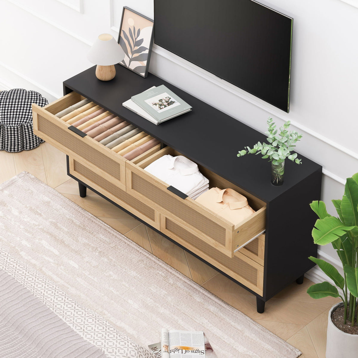 6 Drawer Storage Cabinet with Modern Rattan Drawers - Light Brown, Black, or White